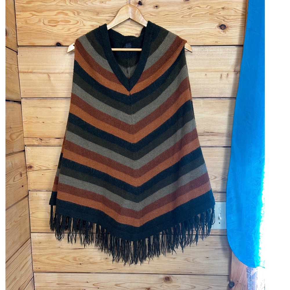 Handmade Peru 100% Alpaca‎ Wool Striped Fringe Poncho V-Neck Wrap Earth Tones